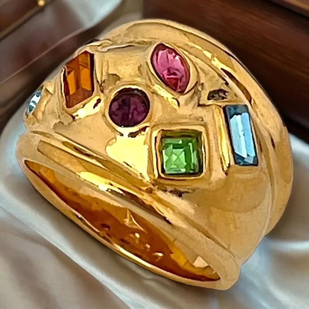 Vintage 1980s Ring Size 8 DG Multi Color CZ Wide Gold Plated Band - 14T